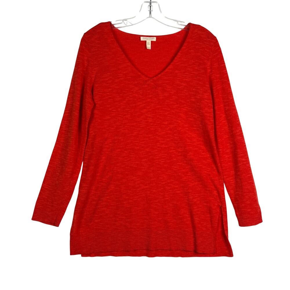Eileen Fisher Organic Linen Cotton Blend V Neck Long Sleeve Sweater Tamarillo
